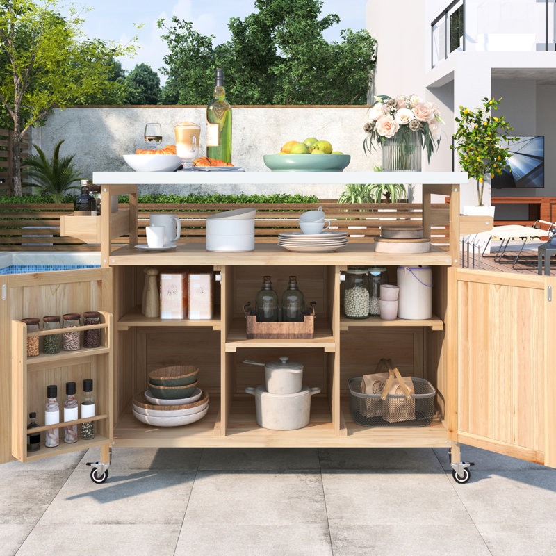 Versatile Outdoor Kitchen Cart With Bottle Opener - Functional & Handy French Country Bar Magnetic Door Holder Chic, Natural