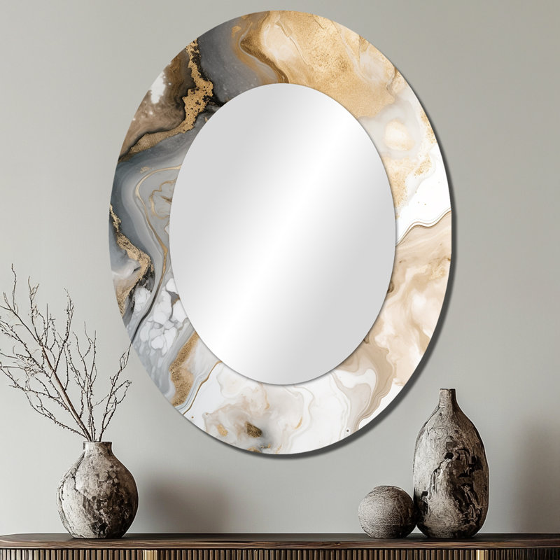 Or et gris A effet marbre V - miroir décoratif ovale abstrait sur métal, 40 po x 30 po