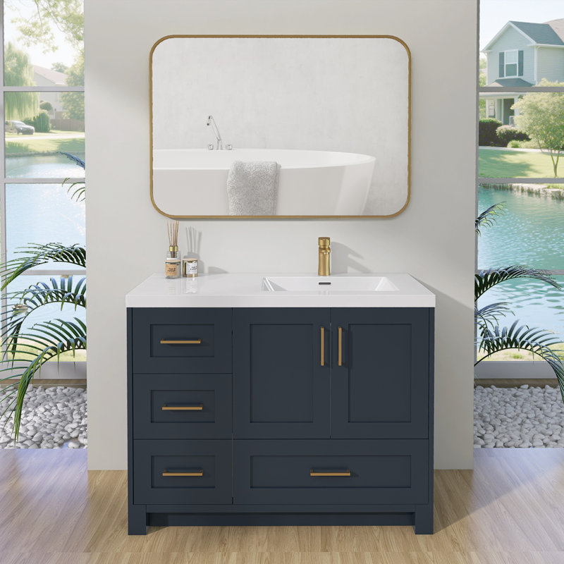 Comptoir de meuble-lavabo à surface solide de 42 pouces avec lavabo intégré à droite, comptoir sans soudure blanc brillant, imperméable et facile à installer