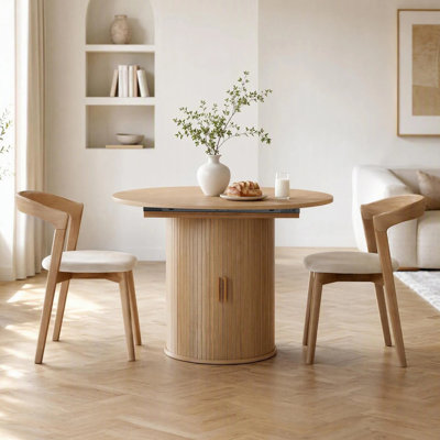 Table de salle à manger ronde de 160 cm pour 4 à 6 personnes, style ferme moderne, avec pied central et rangement intégré, 160 cm, bois naturel