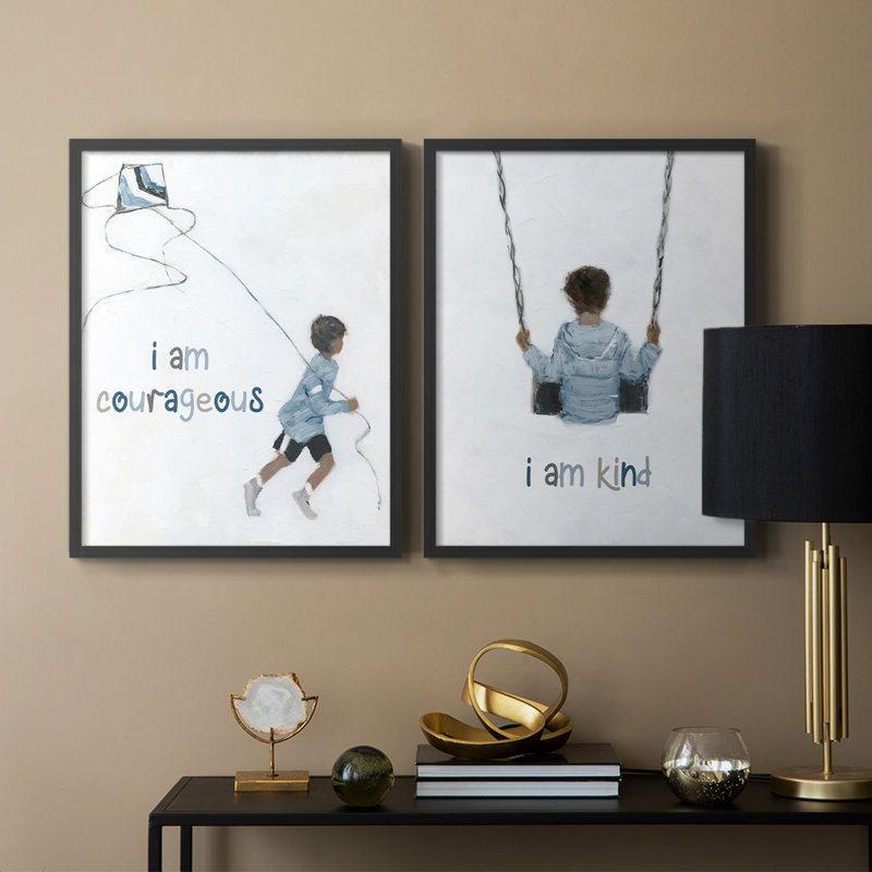 «Boy Flying Kite», reproduction encadrée de qualité supérieure - prêt à être accroché - aucun clou requis - aucun clou requis