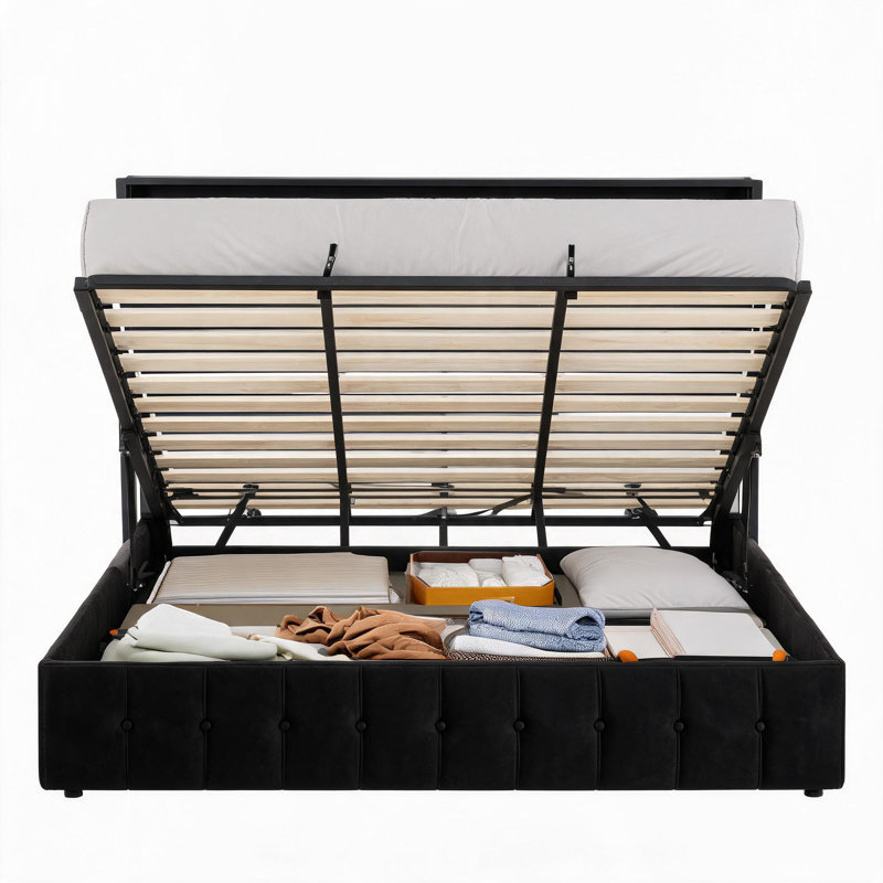 Cadre de lit plateforme relevable en velours avec rangement intégré, tête de lit de rangement, lumières DEL RVB et station de recharge, sommier à lattes en bois silencieux, aucun sommier tapissier nécessaire