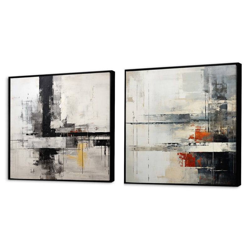 Collage abstrait beige et noir sur route - ensemble de 2 collages abstraits carrés, Cadre flottant noir, H 36 po x l 73 po