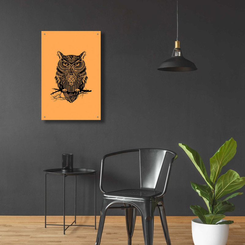 «Warrior Owl On Orange» par Rachel Caldwell, art mural en verre acrylique, H 36 po x l 24 po x P 0,2 po
