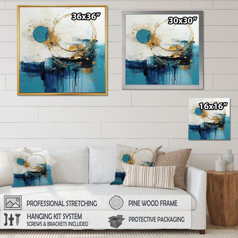 Céleste délice abstrait en turquoise et or I - reproduction d'art sur toile, H 30 po x l 30 po, Cadre flottant doré