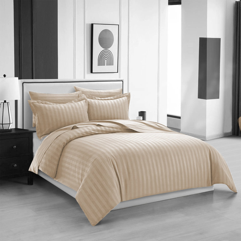 Microfiber Striped Duvet Cover Set with Pillowcases Included, Beige Striped, King Duvet Cover Set + 2 Standard Pillowcases
