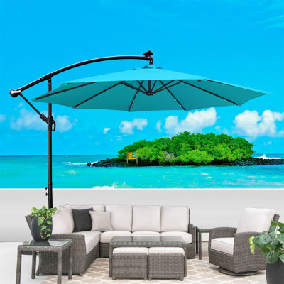 Parasol de terrasse à énergie solaire 10 pi avec parasol 8 lumières à DEL avec manivelle et base transversale pour terrasse de jardin et abri de piscine extérieur