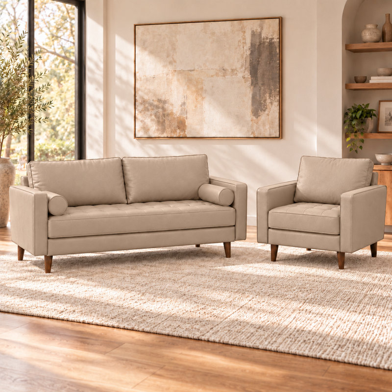 Canapé à accoudoirs carrés en cuir Bridgeview, Beige Faux Leather
