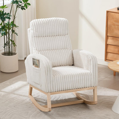 Fauteuil à bascule pour chambre d'enfant en velours côtelé beige – Fauteuil à bascule à dossier haut avec poche latérale, structure en bois robuste, bascule douce et silencieuse, montage facile