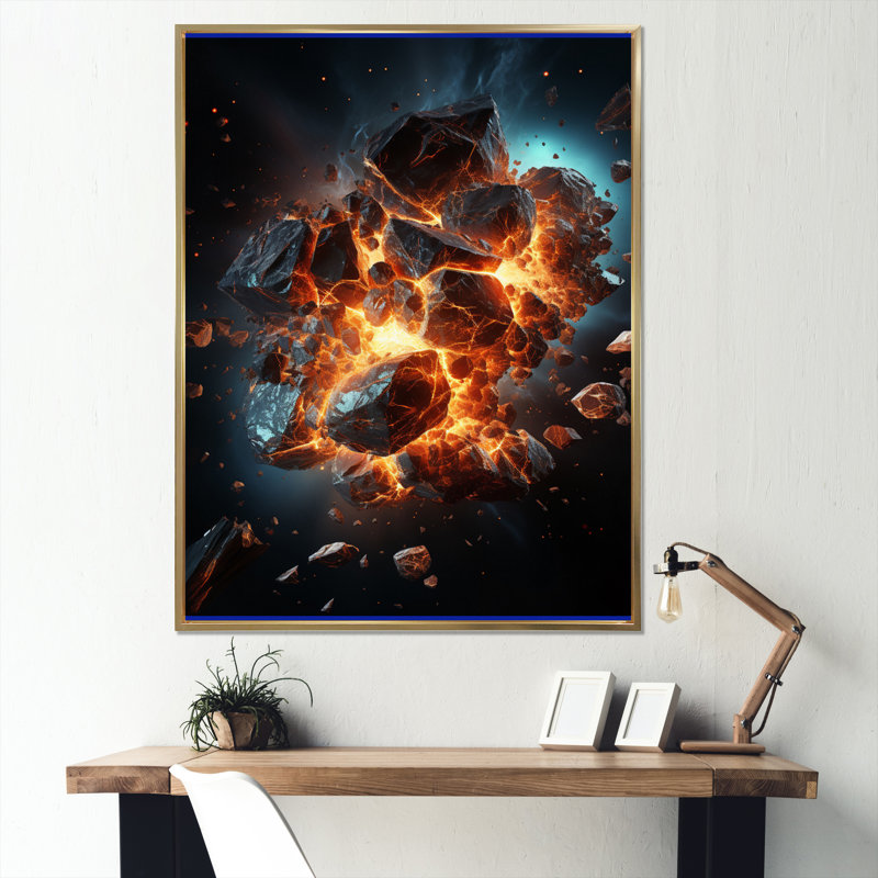 Asteroids planète orange I - salon d'art mural Asteroids, Cadre flottant doré, H 20 po x l 12 po x P 1 po