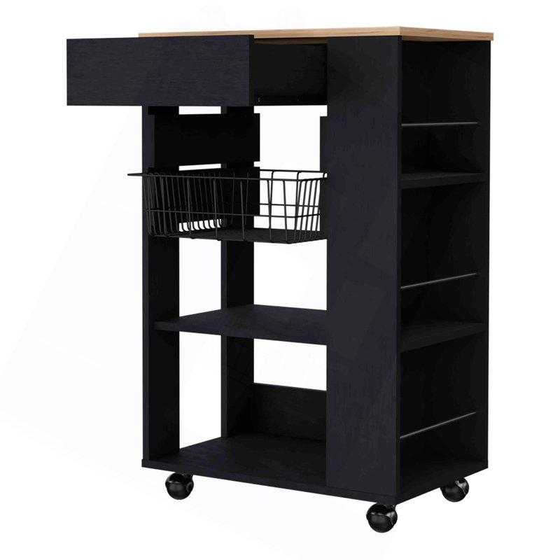 Chariot de cuisine Shelton, deux tablettes ouvertes, un tiroir, quatre roulettes