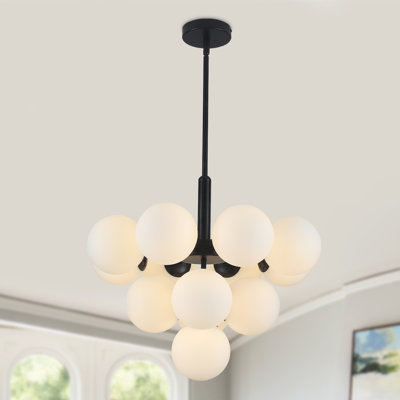 Lustre en forme de grappe atomique noir mat à 13 lumières avec abat-jour sphérique en verre opale pour salle à manger de style Mid-Century George Oliver