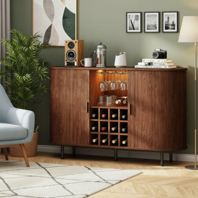 This Walnut-Coloured Farmhouse-Style Sideboard Combines The Functions Of An LED-Lit Wine Cabinet And A Coffee Bar. It Features Built-In Wine Racks And Glass Racks, And Offers Ample Storage Space, Making It Suitable For Living Rooms, Kitchens, And Entryway