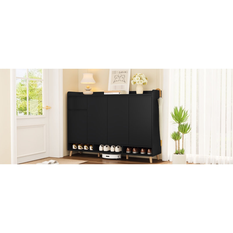 Rangement à chaussures contemporain, hauteur personnalisable, noir pour rangement élégant avec pieds en bois massif - armoire salon