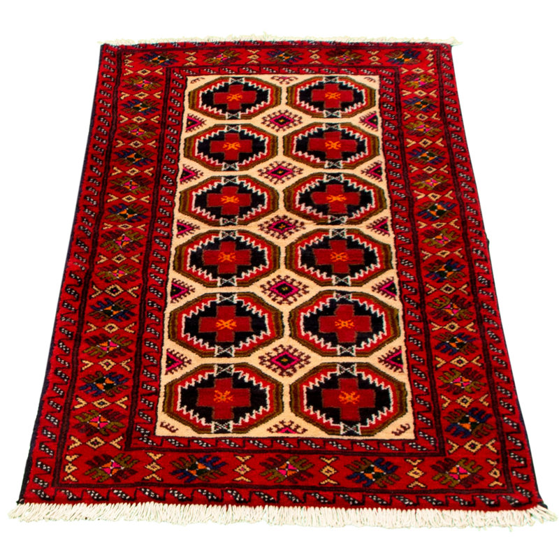 Tapis de couloir en Tapis décoratif laine noué à la main de conception unique 3 pi x 6 pi 5 po Besije Ivoire/rouge