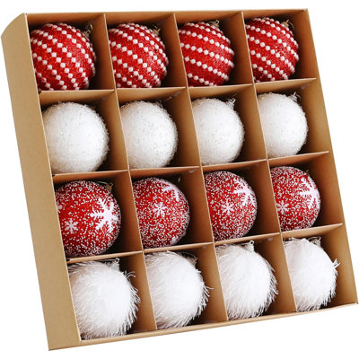 Ensemble d'ornement boule de sapin de Noël 16 pièces 80 mm / 3,15 pouces rouge blanc scintillant en mousse incassable boule de Noël ornements décoration d'arbre de Noël