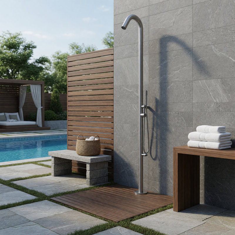 Wave 2.5-in Outdoor Shower System with Hot and Cold Connections Handshower and Foot Spout Brushed Stainless Steel