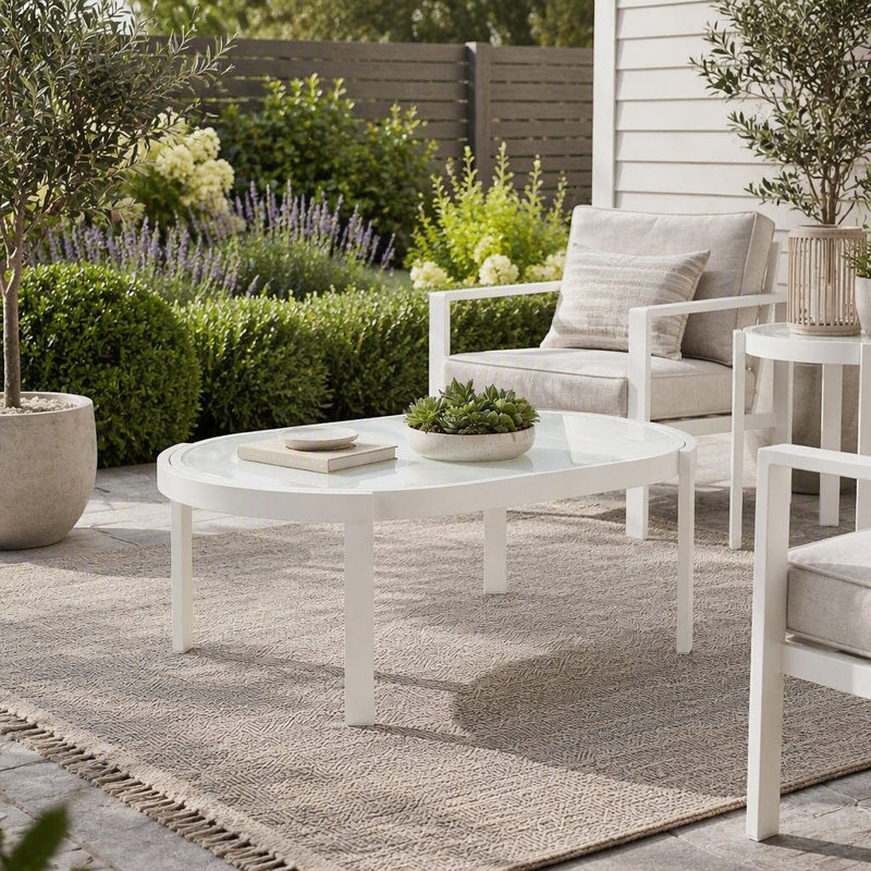 Table basse d'extérieur moderne avec plateau en verre trempé