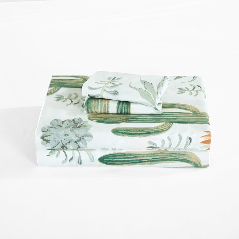 Queen Green Cactus Succulent Print Microfiber Bed Sheet Set