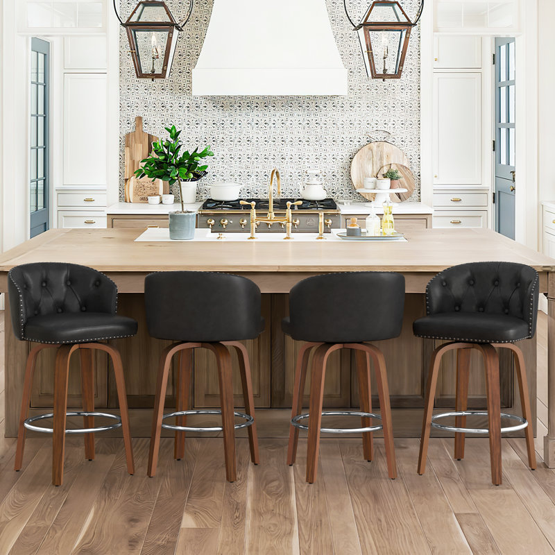 Swivel Upholstered Counter & Bar Stool With Wood Frame (Set Of 2), Black/Walnut , 2