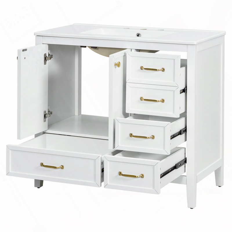 Meuble-lavabo 36 po avec lavabo en céramique 36 po, 4 tiroirs, Blanc