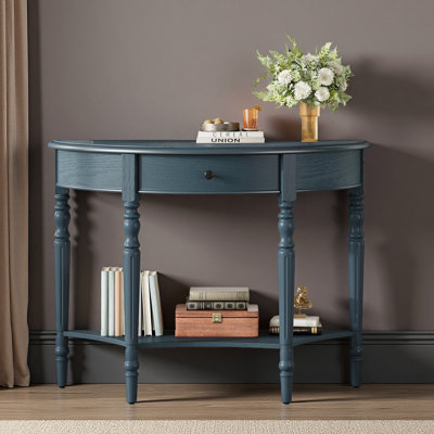 Table d'appoint en demi-lune avec tiroirs et tablettes, idéale pour les entrées, les salons, les couloirs et les foyers.