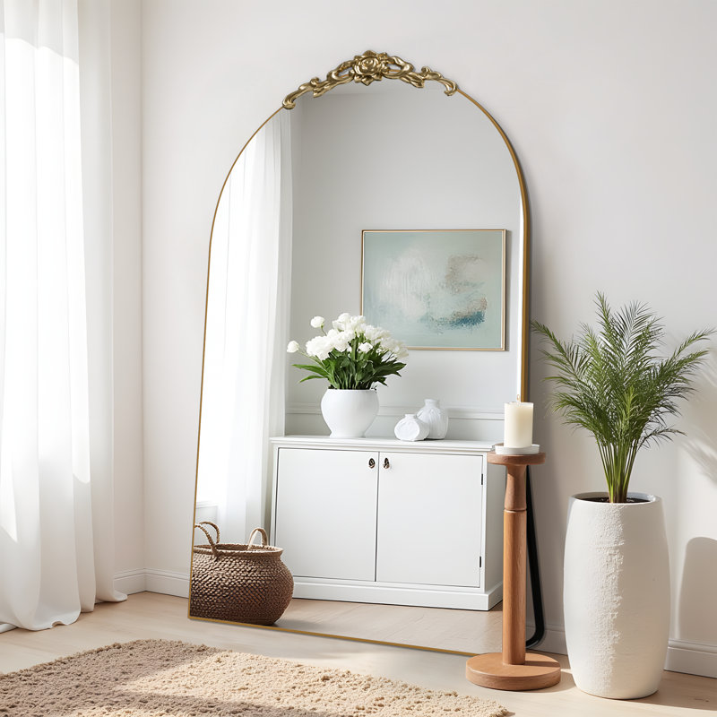 Large Arched Rectangle Wood Framed Full-Length Mirror with Stand Bathroom Vanity Mirror, 67" x 39", Gold