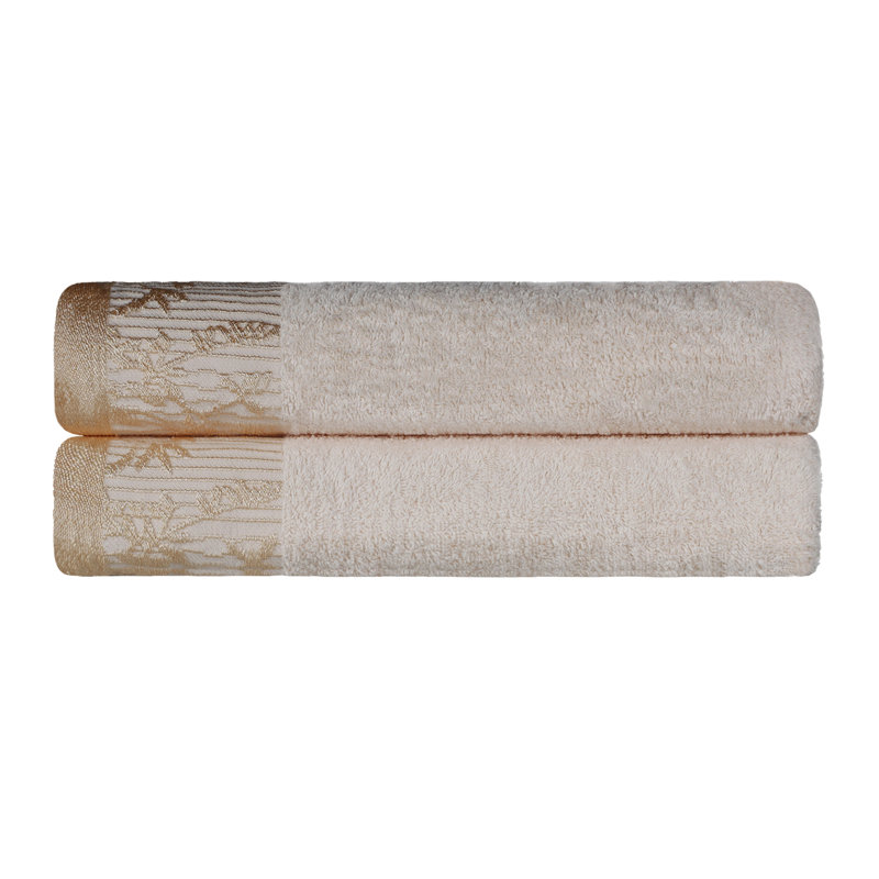Ensemble de serviettes de bain en coton de poids moyen à bordure florale en jacquard pour la salle de bain Carinna, Ivoire
