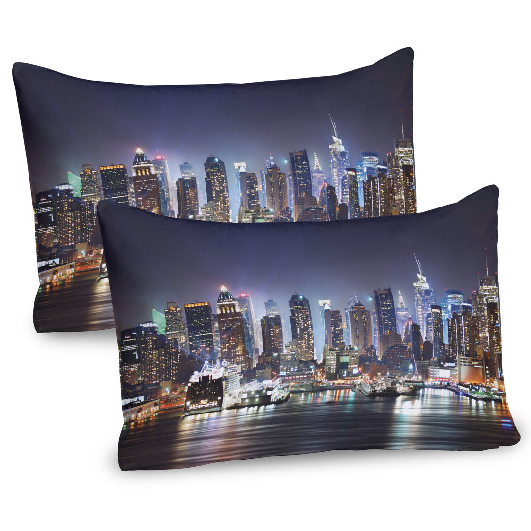 Kissenbezug Packung mit 2, Manhattan-Skyline nachts, Blau und Orange