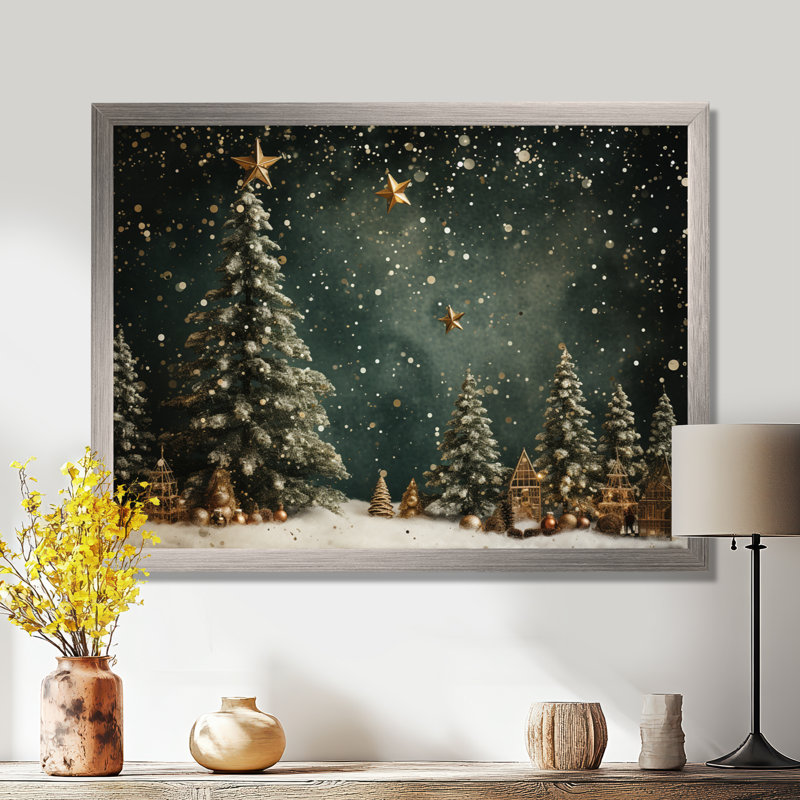 Décoration de sapin vert de Noël - Art mural sur toile de pin, H 24 po x l 32 po, Argent argent, Impression encadrée