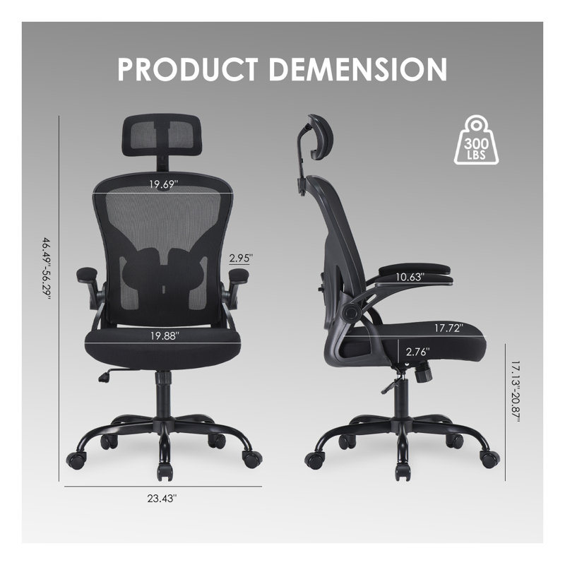 Chaise de bureau ergonomique avec support lombaire réglable - Chaise de bureau en filet à dossier haut avec accoudoirs relevables à 90 ° et appui-tête rotatif à 30 ° pour le bureau personnel