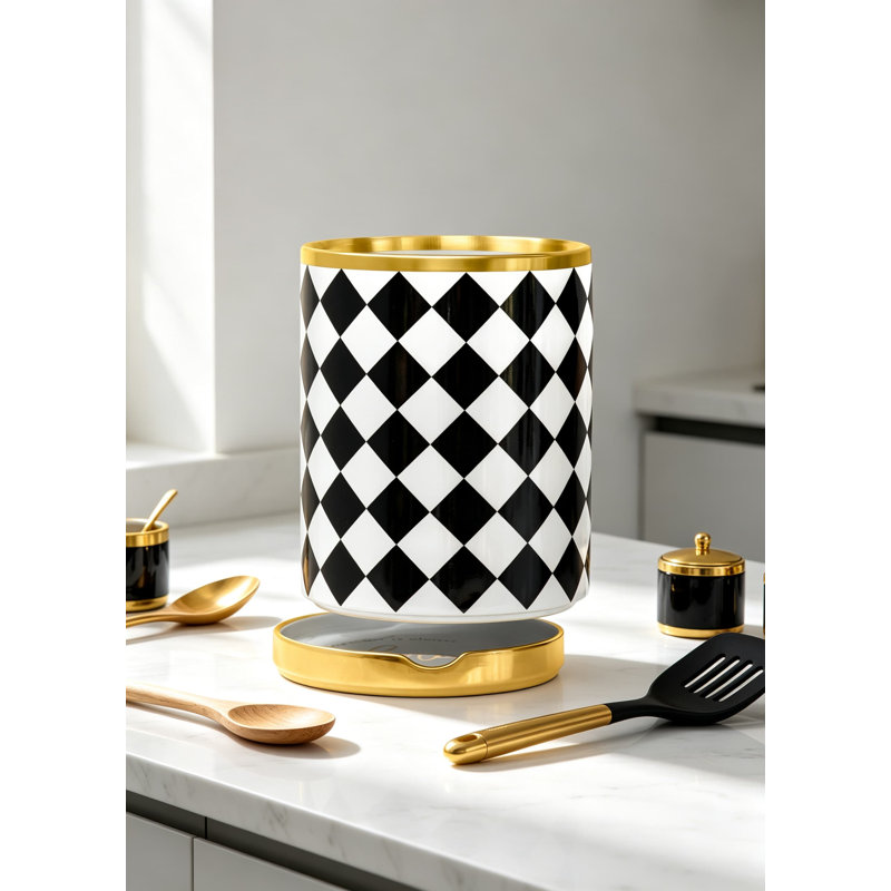 Ensemble d'ustensiles à carreaux noir et blanc avec repose-cuillère doré, grand organisateur de cuisine en céramique pour comptoir, élégant décor de cuisine à carreaux