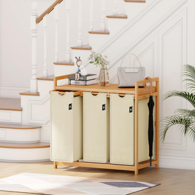 Natural Bamboo 3-Section Laundry Sorter, 150L Large Capacity Laundry Hamper with Top Storage Shelf, Dirty Clothes Organizer for Bathroom & Laundry Room