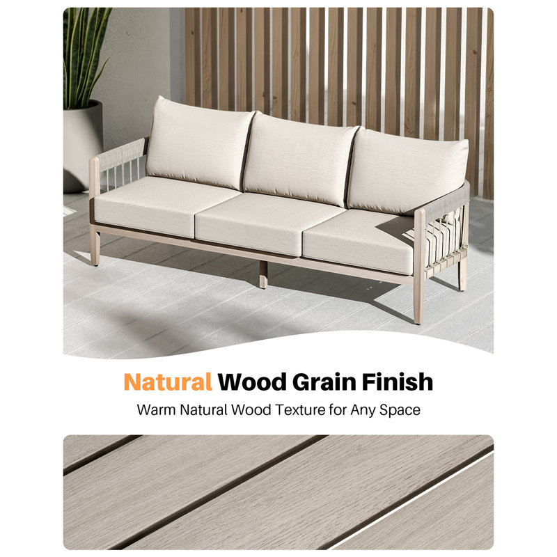 SeeHill 3-Seater Aluminum Outdoor Sofa with Thick Cushions – Rust-Proof, All-Weather Patio Couch for Balcony, Backyard & Poolside， Teak Color
