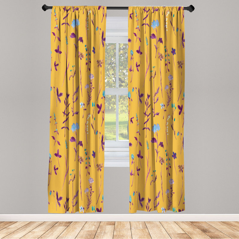 Microfiber Floral Semi-Sheer Rod Pocket Curtain Panels, 28" W x 95" L, Mustard/Purple