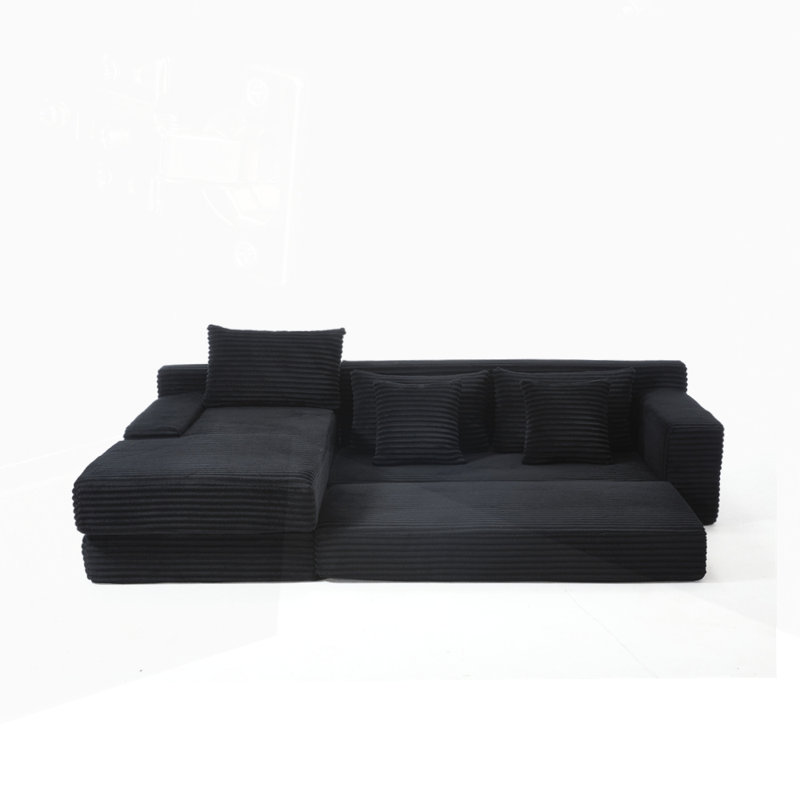 Albert Compression L-Shaped Corduroy Sectional Sofa with Steel Frame, Black Fabric