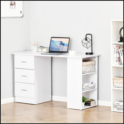 Bureau d'ordinateur moderne avec bibliothèque et rangement à 3 tiroirs, parfait pour les petits espaces et l'utilisation multifonctionnelle.