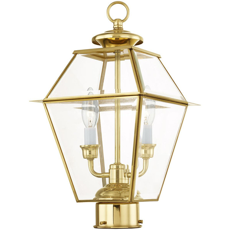 9 Inch 2-Light Outdoor Post Lantern Pendant with Clear Beveled Glass Shade, Brass