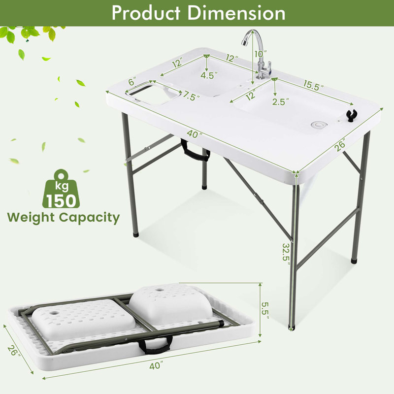 Arlmont & Co. Folding Fish Cleaning Table With 2 Built-in Sinks & 360°rotatable Faucet