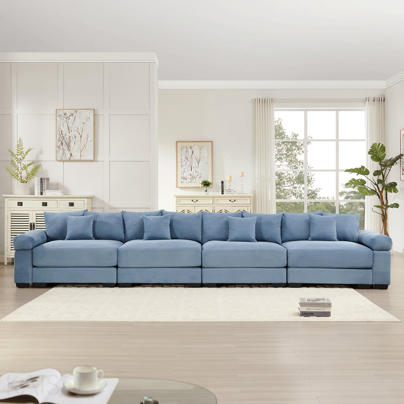 170-Inch Cloud Modular Sectional - 3-Seater, Extra-Thick Armrests, 12 Throw Pillows - Blue