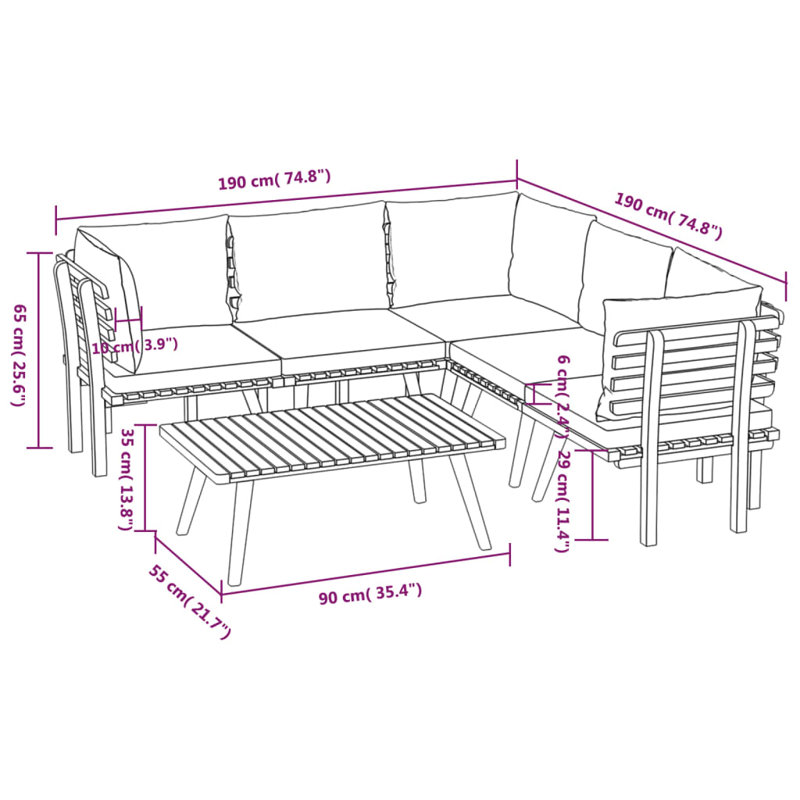 Chaise longue avec coussins 4 pièces Damita, 6 pièces: 2 au centre, 3 en coin, table