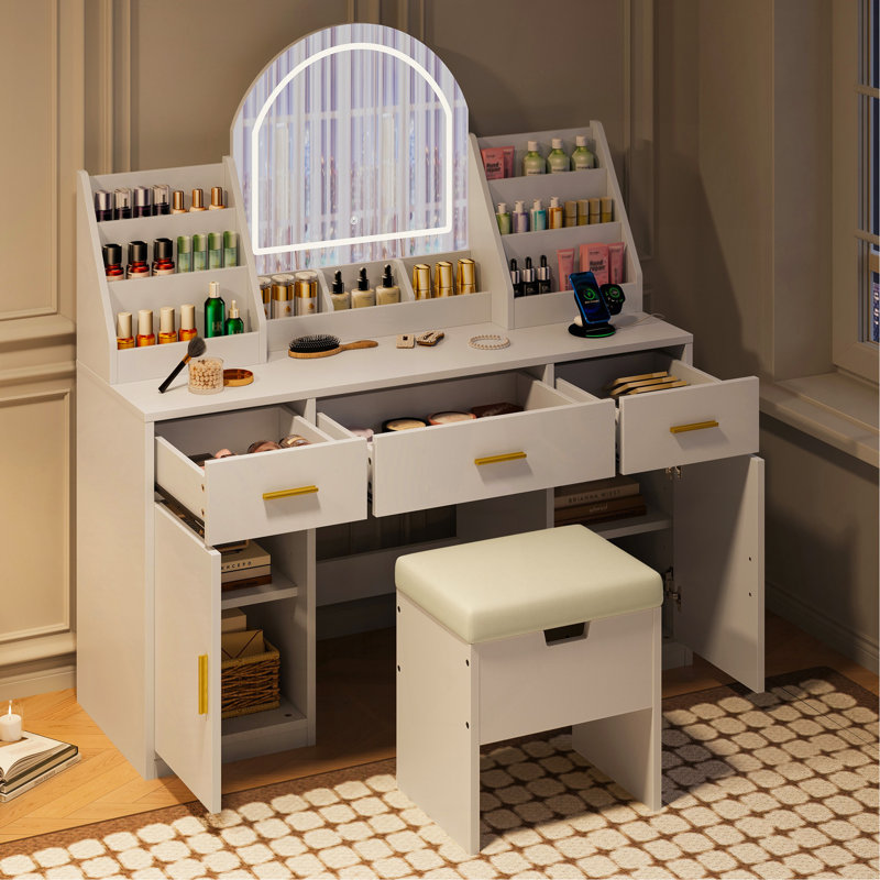 Coiffeuse 47,2 "avec miroir et lumière, coiffeuse avec tabouret de rangement rembourré, coiffeuse avec deux organisateurs, 3 tiroirs et 2 armoires pour la chambre à coucher, blanc