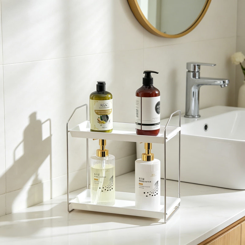 Organisateur de comptoir de salle de bain à 2 niveaux avec structure en métal, tablette de meuble-lavabo pliable pour le maquillage, les soins de la peau et le parfum, installation sans outil pour la salle de bain, le meuble-lavabo ou la cuisine