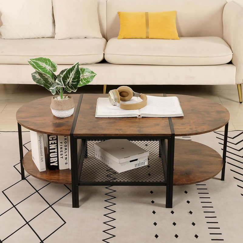 Table basse ovale, centre de salon brun à 2 niveaux avec structure en métal et tablette de rangement