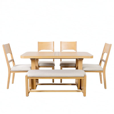 Ensemble de table de salle à manger 6 pièces en bois massif, ensemble de salle à manger rectangulaire extensible avec 4 chaises et banc rembourrés, plateau de table extensible de 60 à 84 po, coussin naturel et beige
