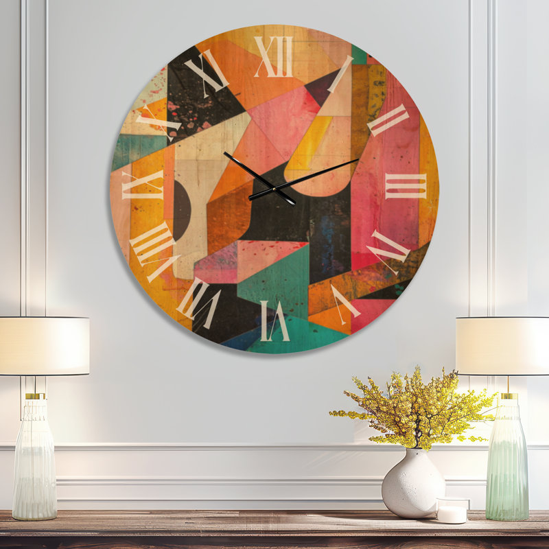 Collage géométrique audacieux - Horloge murale abstraite surdimensionnée, imprimée sur bois, Extra Large