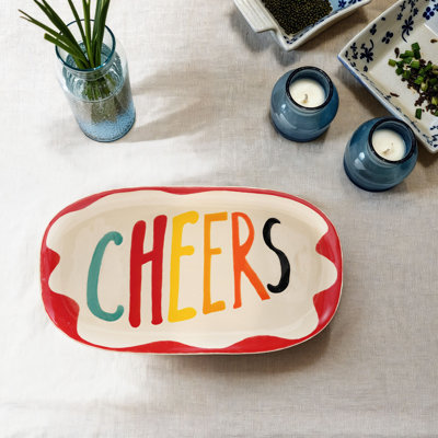 Stoneware Oval Platter With Wax Relief “Cheers” Design