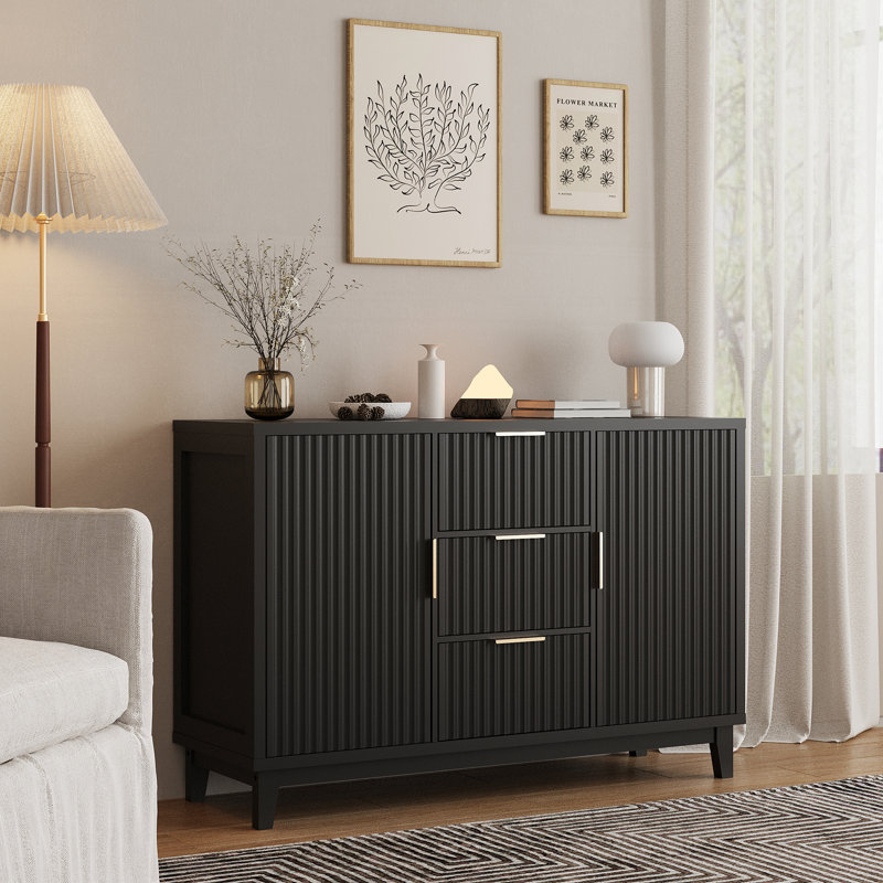 47.2" W Storage Cabinet With 3 Drawers, Black
