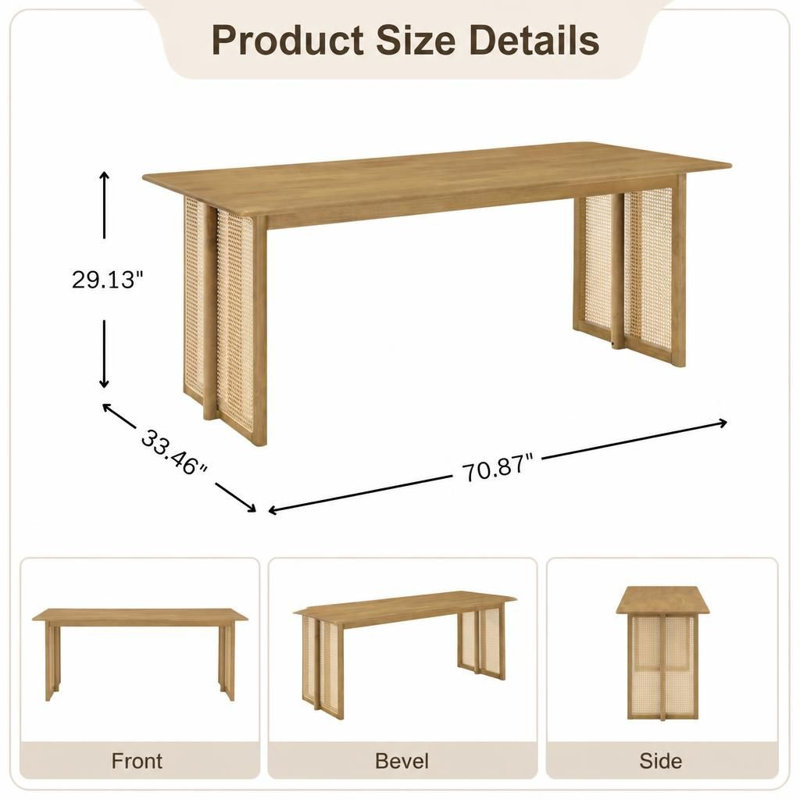 Table de salle à manger robuste en bois d'hévéa avec des accents décoratifs en rotin de plastique - longue table de cuisine et de salle à manger intérieure pouvant supporter jusqu'à 800 lb, pouvant accueillir confortablement 6 personnes
