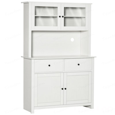 63.5" Kitchen Buffet with Hutch, Pantry Storage Cabinet with 4 Shelves, Drawers, Framed Glass Doors, Open Microwave Countertop,